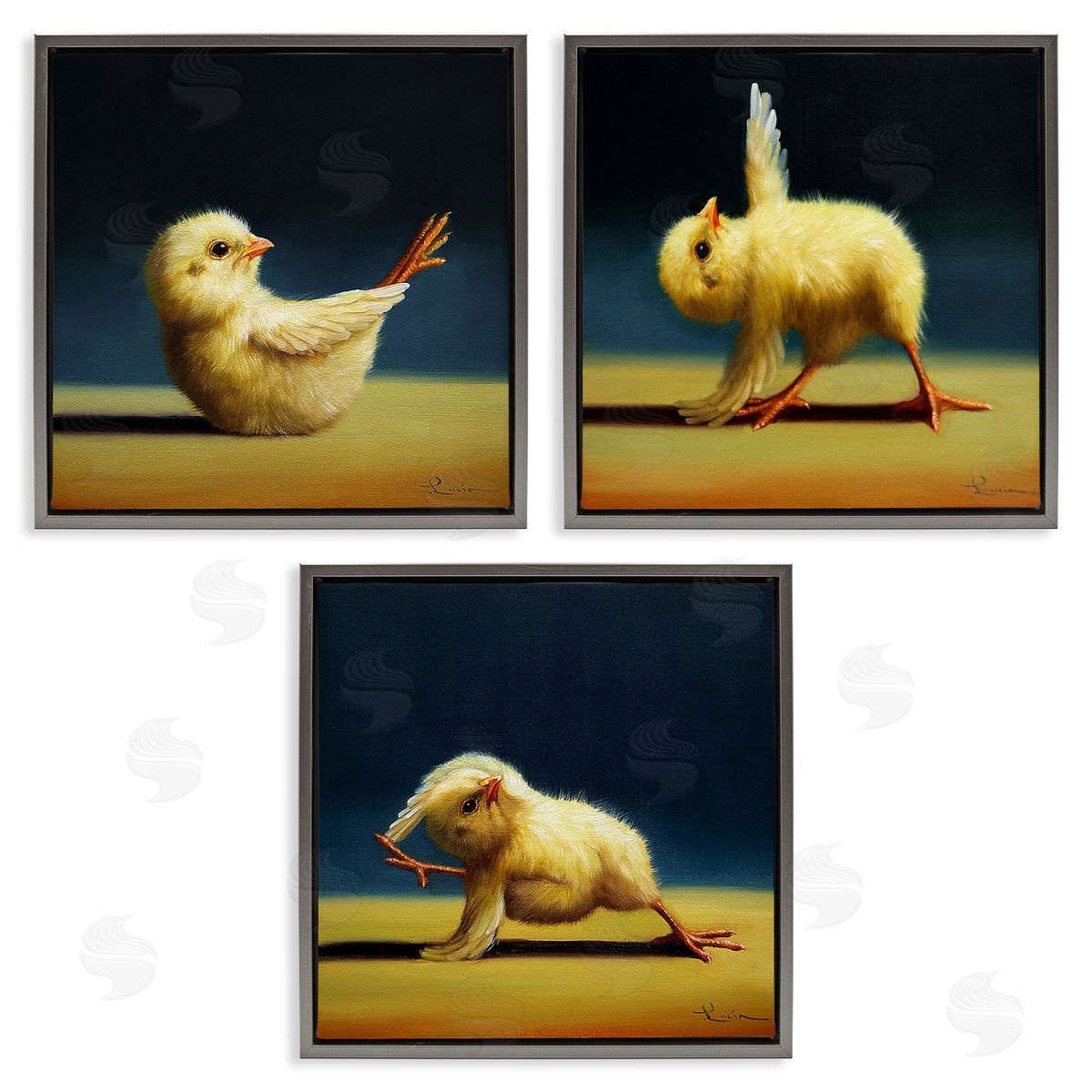 Yoga Chick Trio Funny Farm Animals Grey Floating Frame Canvas Wall Art, Home Decor by Lucia Heffernan