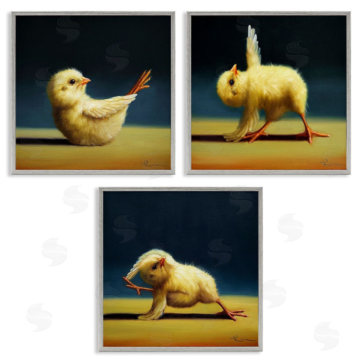 Yoga Chick Trio Funny Farm Animals Grey Frame Print Wall Art, Home Decor by Lucia Heffernan