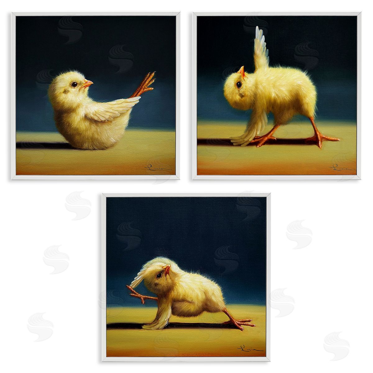 Yoga Chick Trio Funny Farm Animals White Frame Print Wall Art, Home Decor by Lucia Heffernan