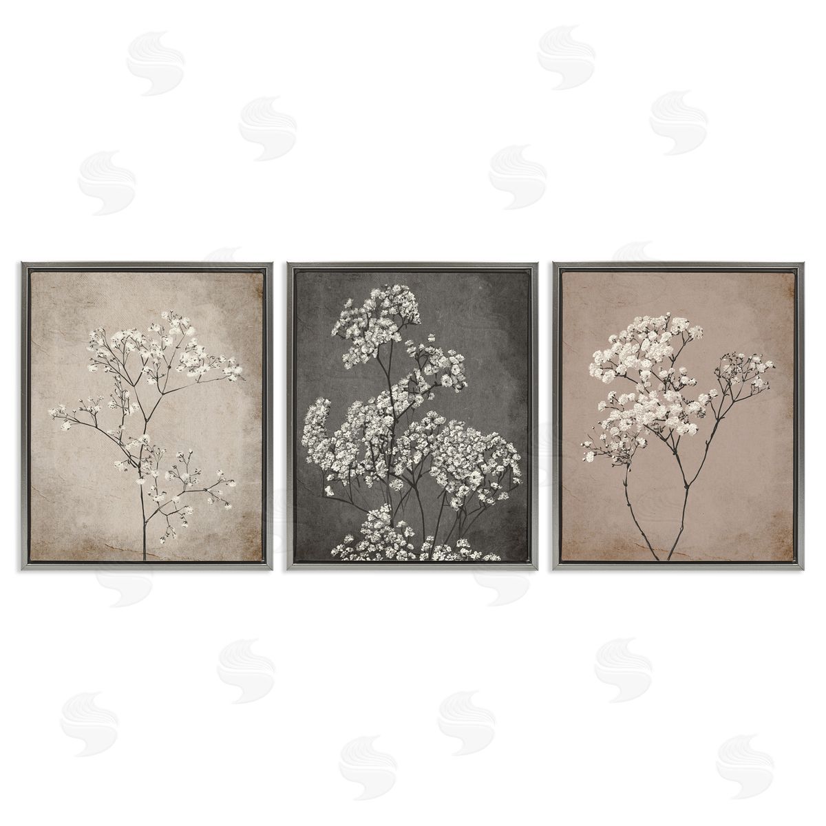 Botanical Baby's Breath Herbs Grey Floating Frame Canvas Wall Art, Home Decor by Ros Ruseva