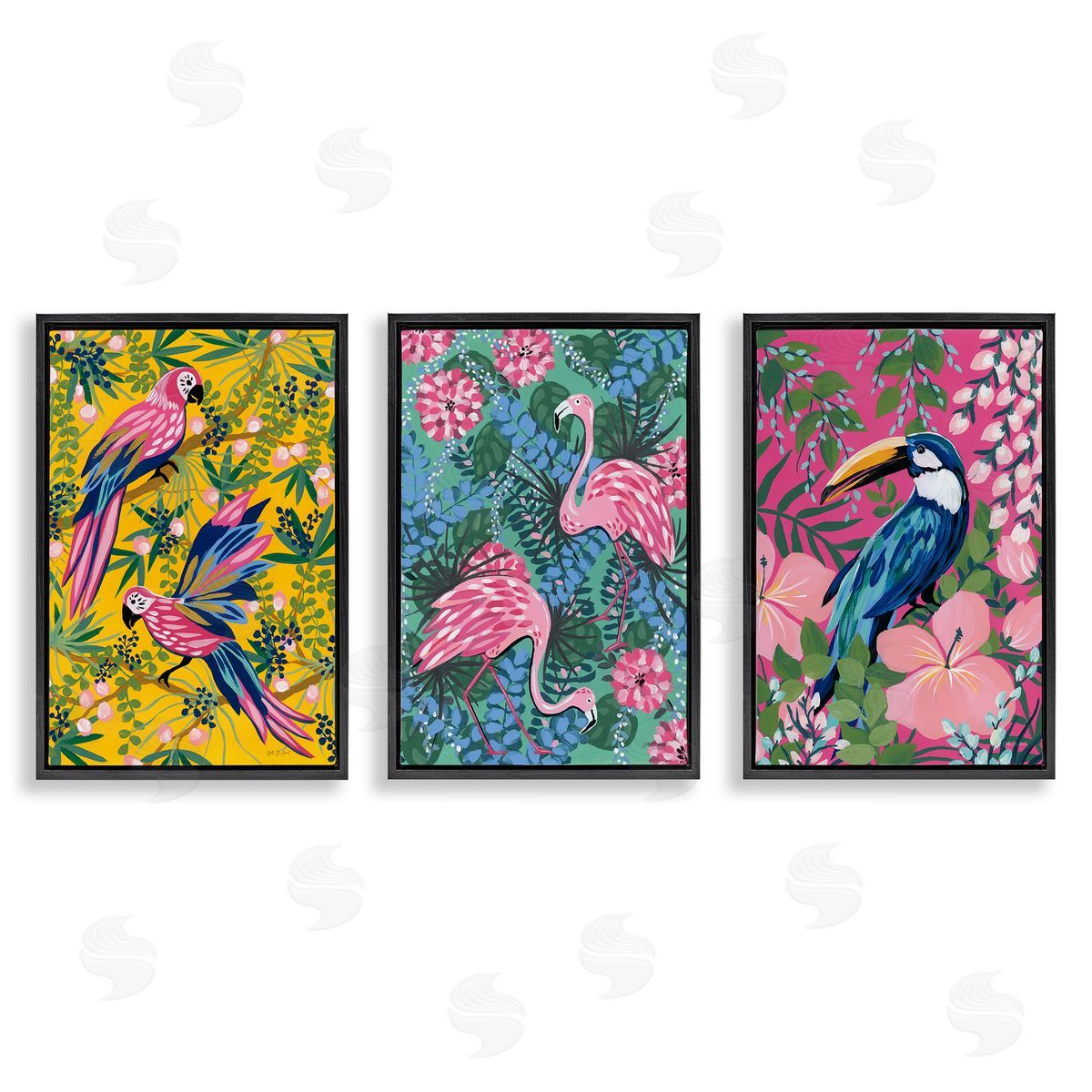 Tropical Birds & Botanicals Black Floating Frame Canvas Wall Art, Home Decor by Yvette St. Amant