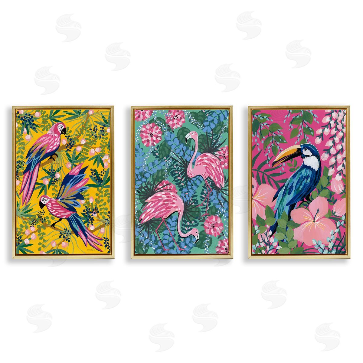 Tropical Birds & Botanicals Gold Floating Frame Canvas Wall Art, Home Decor by Yvette St. Amant