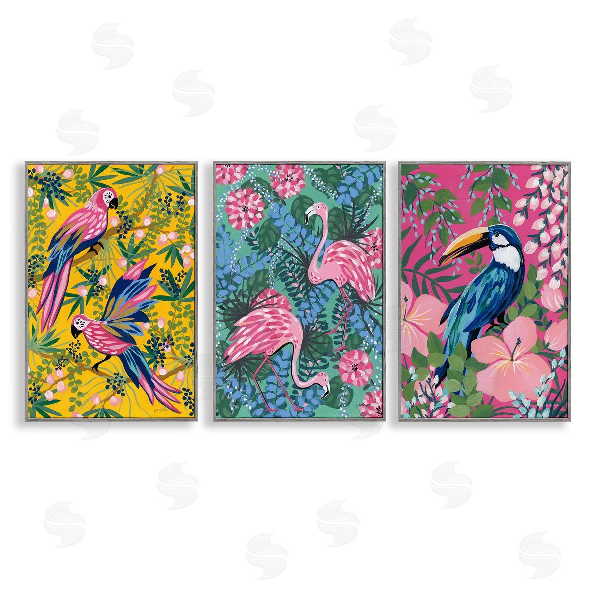 Tropical Birds & Botanicals Grey Frame Print Wall Art, Home Decor by Yvette St. Amant