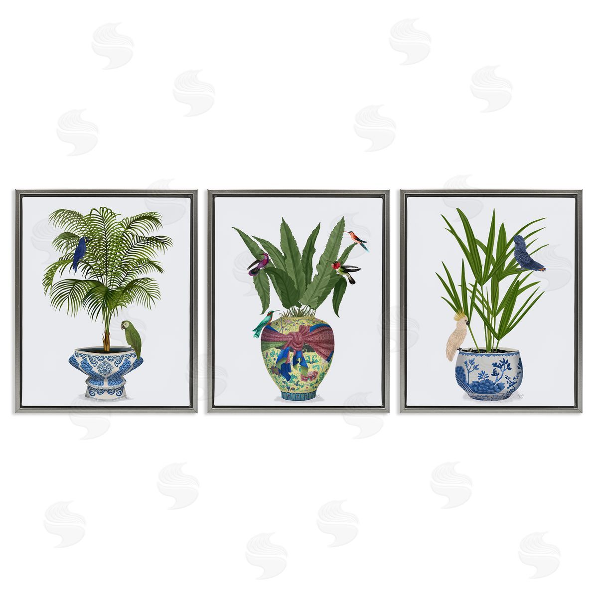 Traditional House Plant Vases Grey Floating Frame Canvas Wall Art, Home Decor by Fab Funky