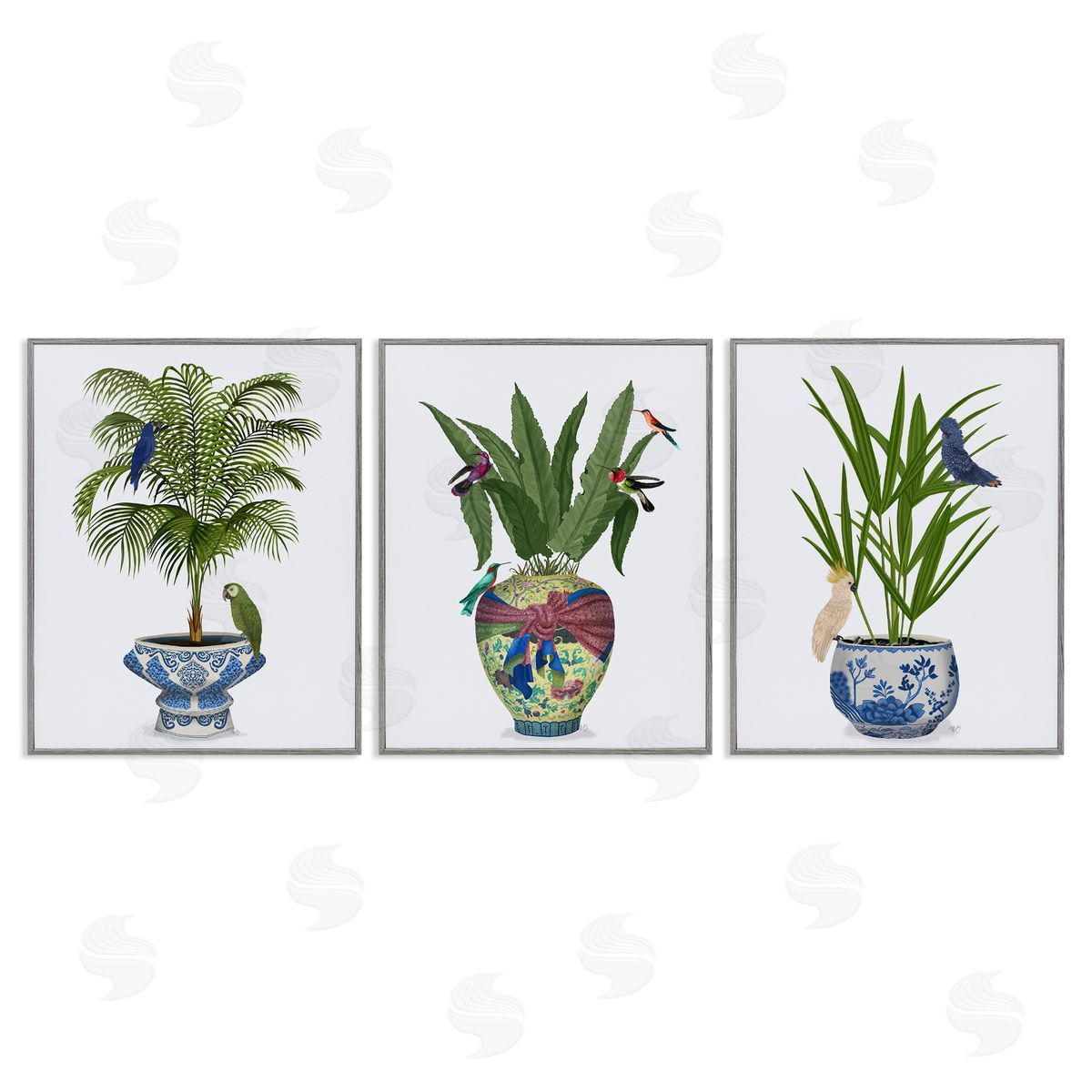 Traditional House Plant Vases Grey Frame Print Wall Art, Home Decor by Fab Funky
