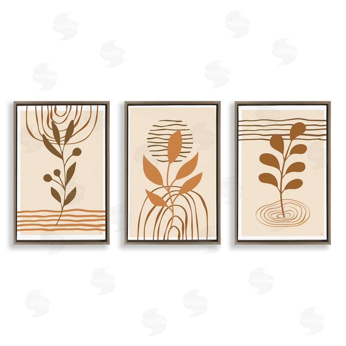 Boho Sprigs & Line Patterns Brown Floating Frame Canvas Wall Art, Home Decor by Martina Pavlova