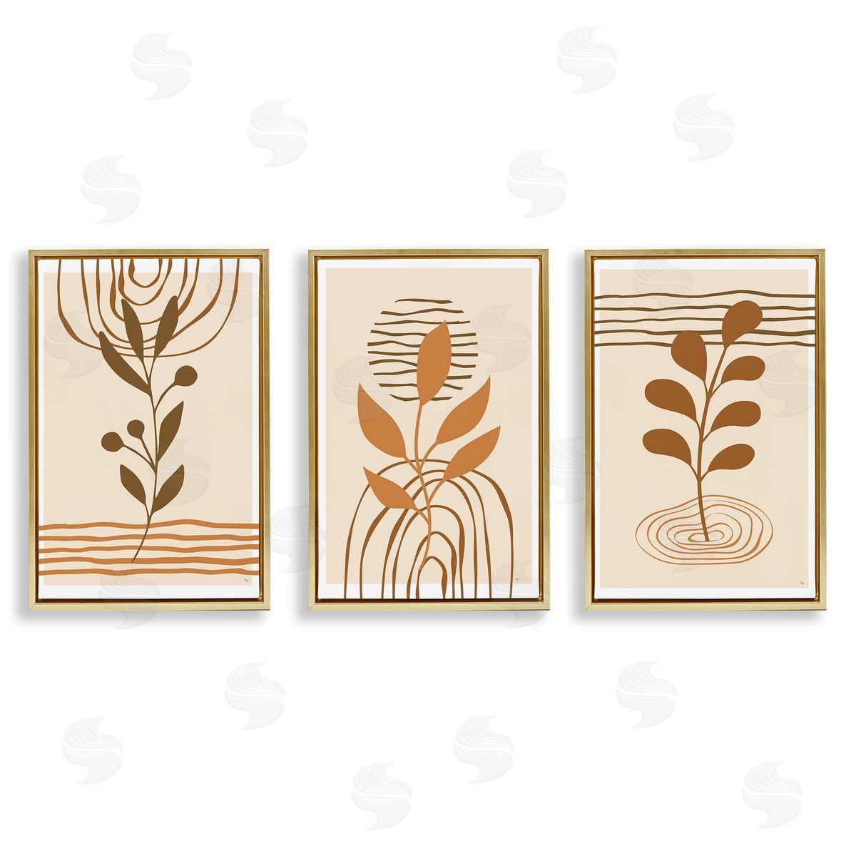 Boho Sprigs & Line Patterns Gold Floating Frame Canvas Wall Art, Home Decor by Martina Pavlova