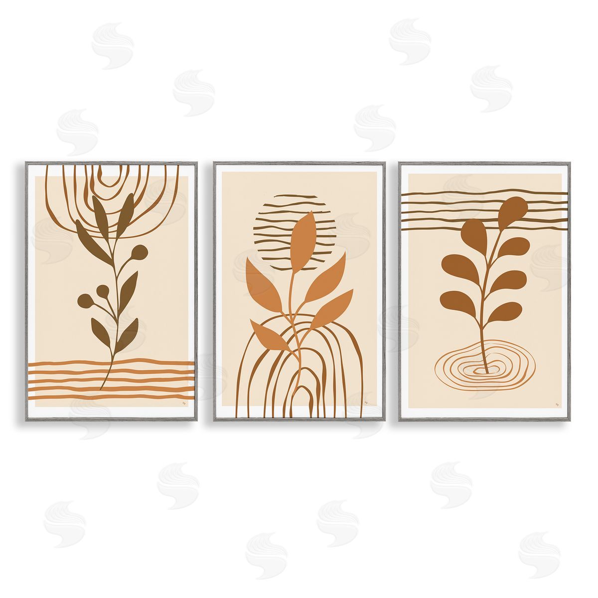Boho Sprigs & Line Patterns Grey Frame Print Wall Art, Home Decor by Martina Pavlova