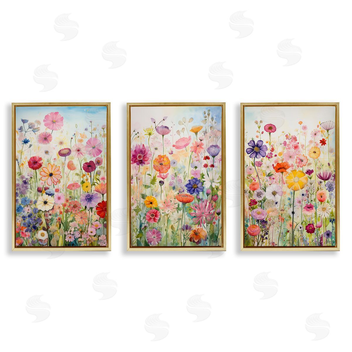 Bold Flower Meadow Horizon Gold Floating Frame Canvas Wall Art, Home Decor by RB