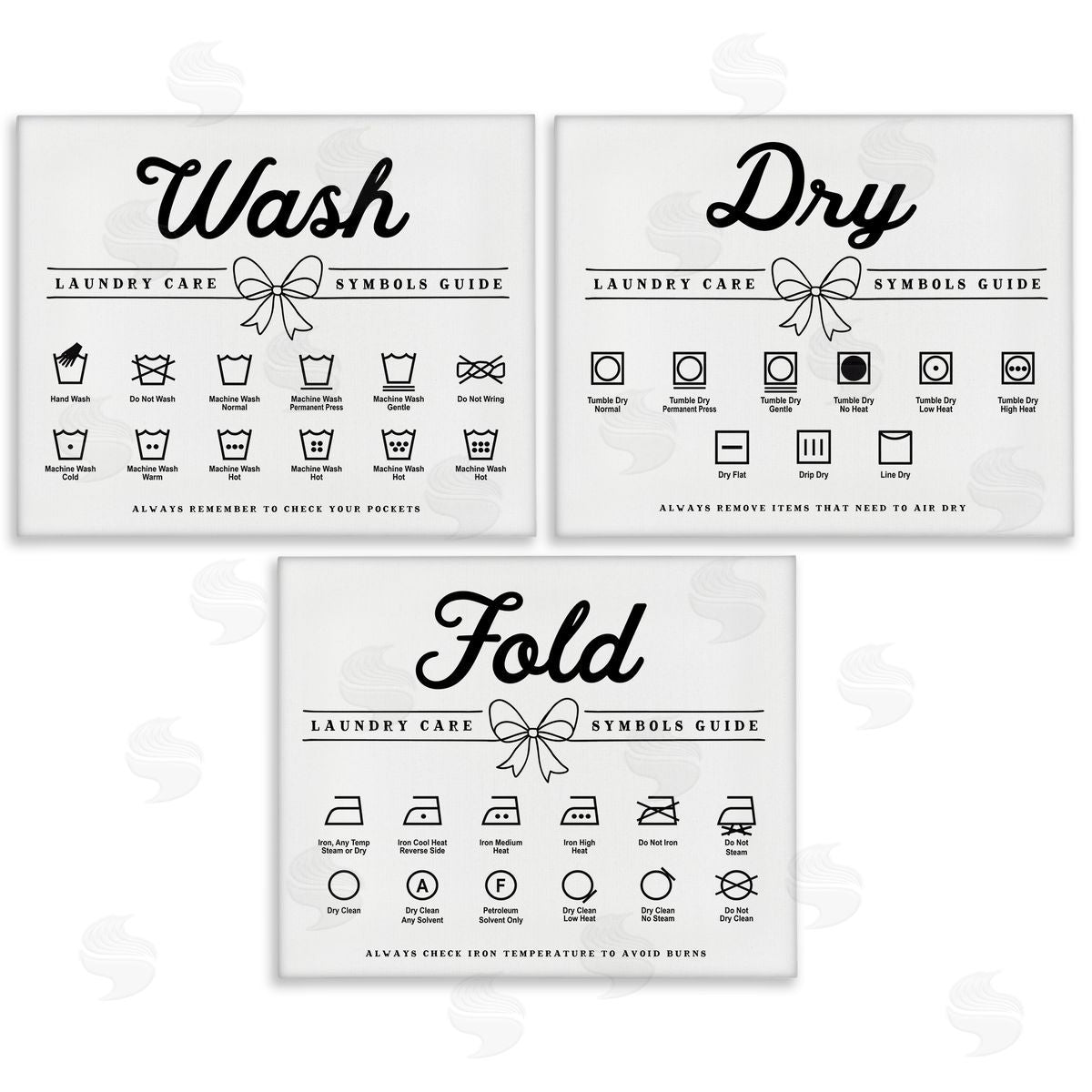 Lettered and Lined Wash Laundry Symbols Bow Accent Canvas Wall Art Print