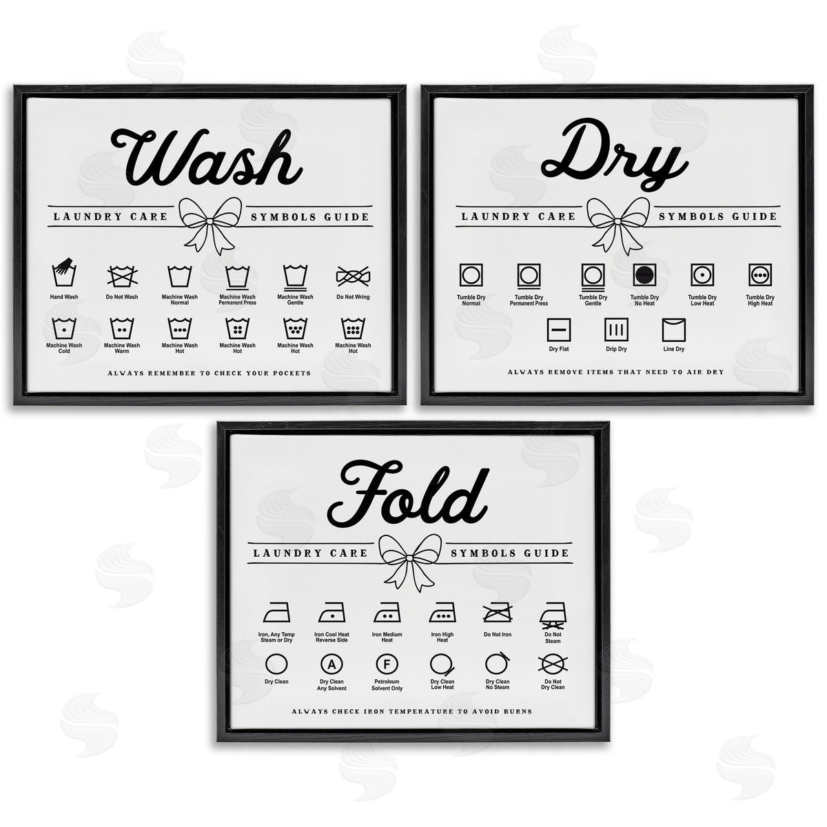 Lettered and Lined Wash Laundry Symbols Bow Accent Canvas Wall Art Print