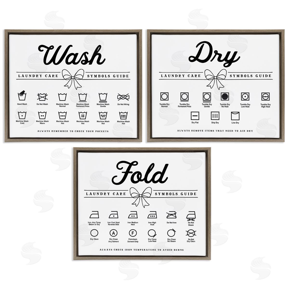 Lettered and Lined Wash Laundry Symbols Bow Accent Canvas Wall Art Print