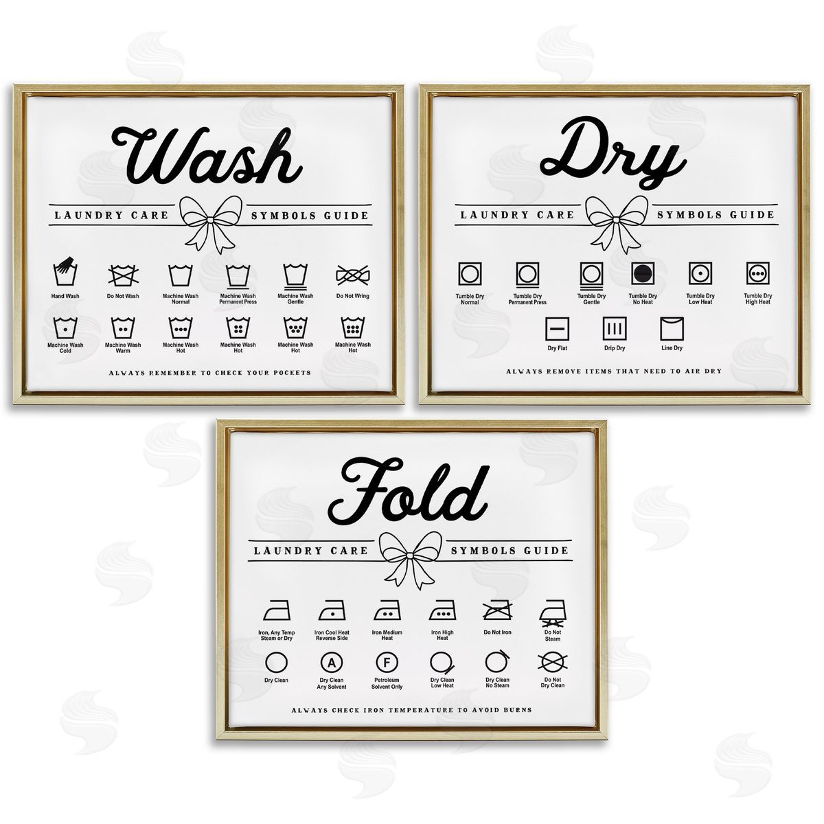 Lettered and Lined Wash Laundry Symbols Bow Accent Canvas Wall Art Print