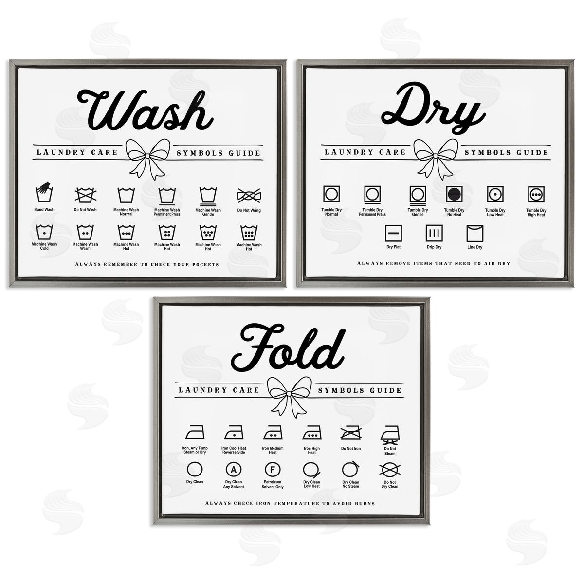 Lettered and Lined Wash Laundry Symbols Bow Accent Canvas Wall Art Print