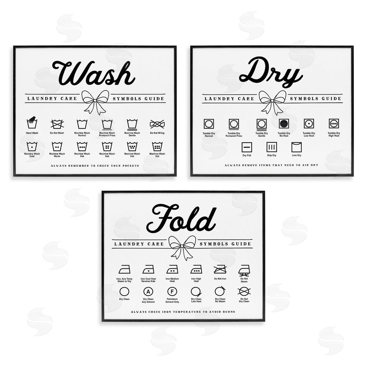 Lettered and Lined Wash Laundry Symbols Bow Accent Canvas Wall Art Print