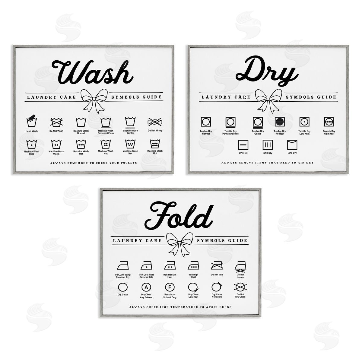 Lettered and Lined Wash Laundry Symbols Bow Accent Canvas Wall Art Print