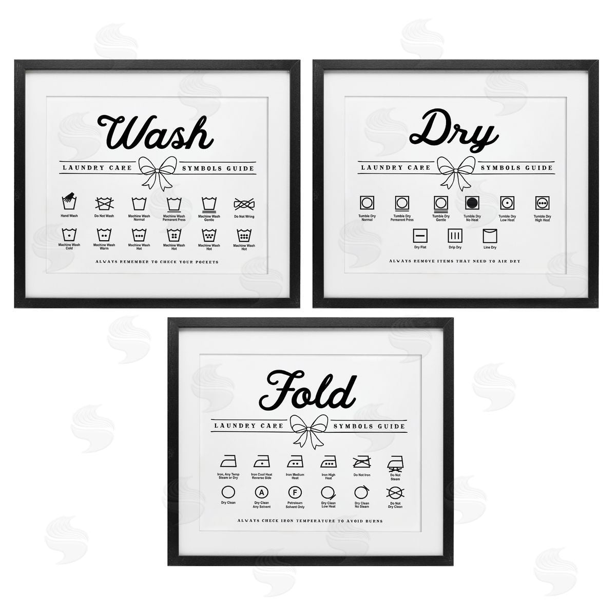 Lettered and Lined Wash Laundry Symbols Bow Accent Canvas Wall Art Print