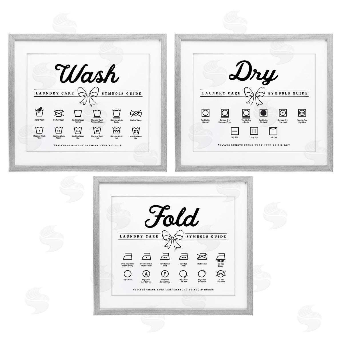 Lettered and Lined Wash Laundry Symbols Bow Accent Canvas Wall Art Print