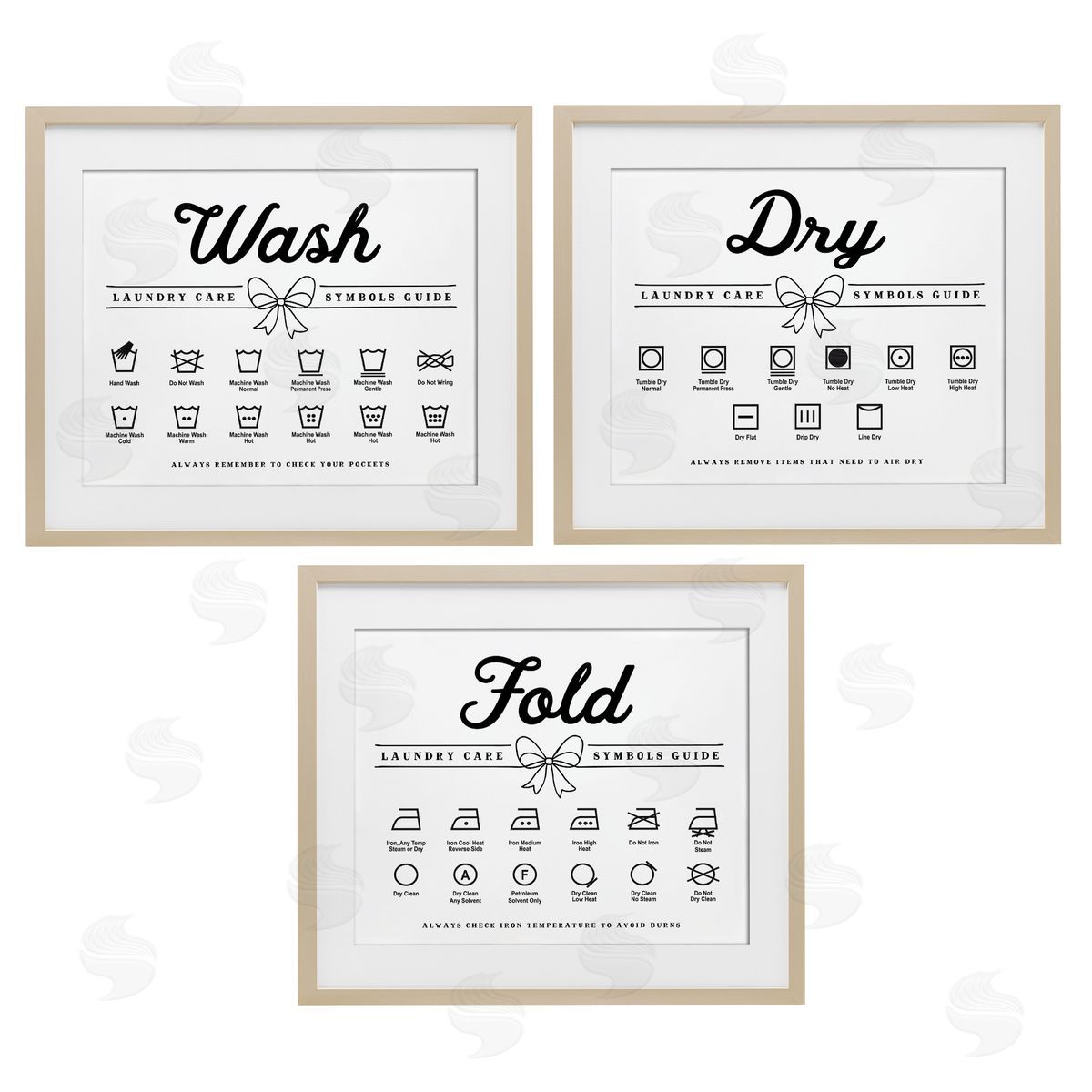 Lettered and Lined Wash Laundry Symbols Bow Accent Canvas Wall Art Print