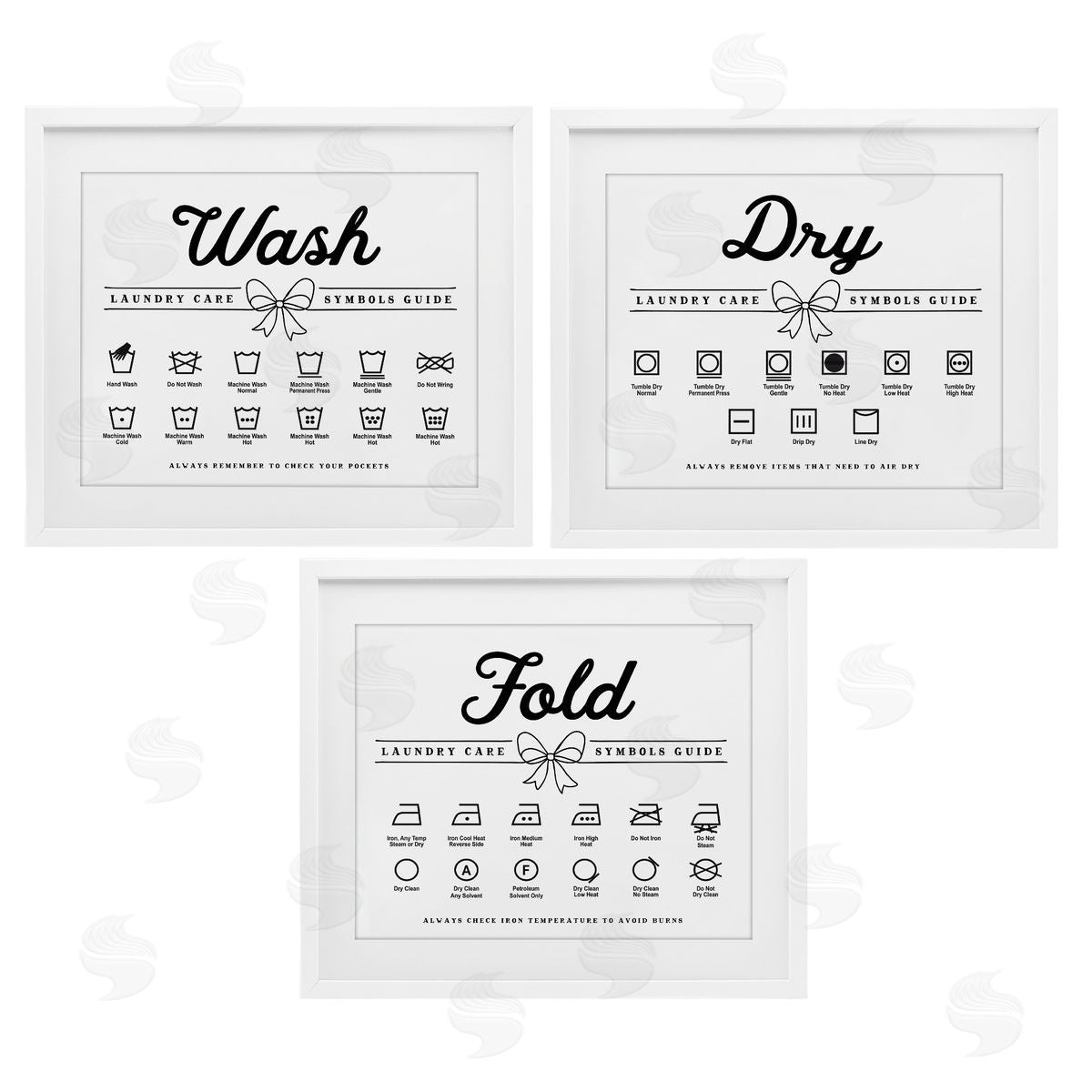 Lettered and Lined Wash Laundry Symbols Bow Accent Canvas Wall Art Print