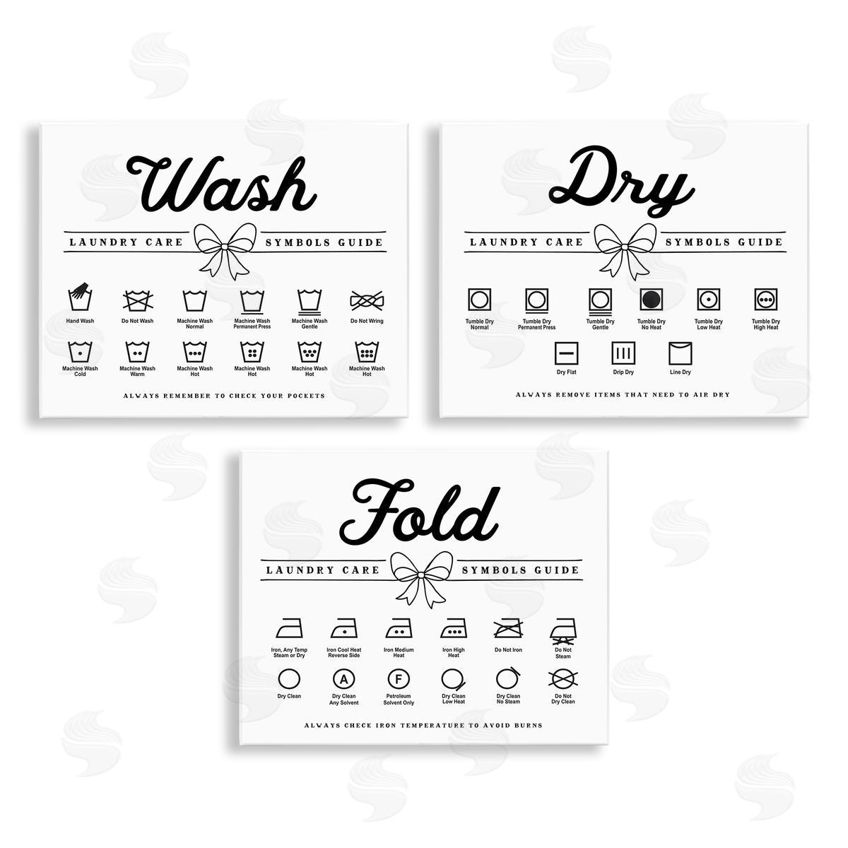 Lettered and Lined Wash Laundry Symbols Bow Accent Canvas Wall Art Print