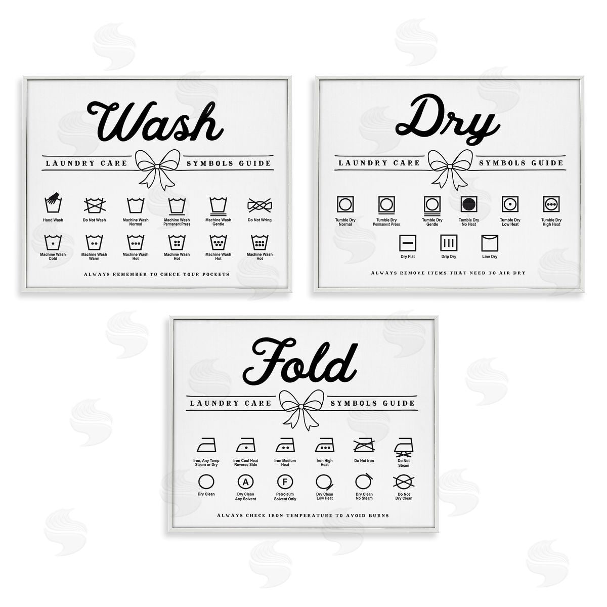 Lettered and Lined Wash Laundry Symbols Bow Accent Canvas Wall Art Print