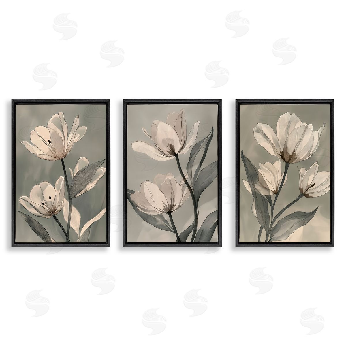 Annabelle Hall Flower Trios Portraits Black Floating Frame Canvas Wall Art Set