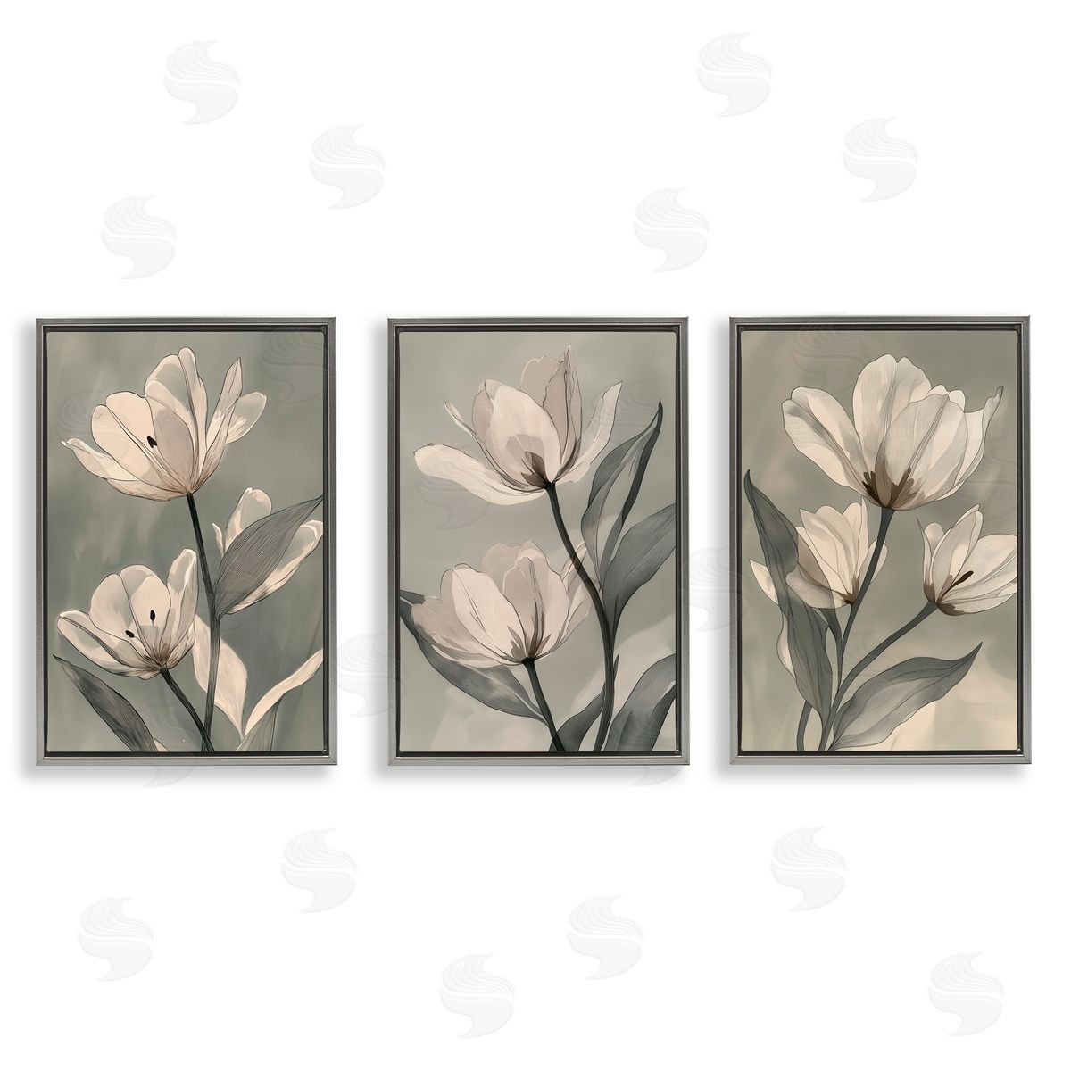 Annabelle Hall Flower Trios Portraits Gray Floating Frame Canvas Art Set