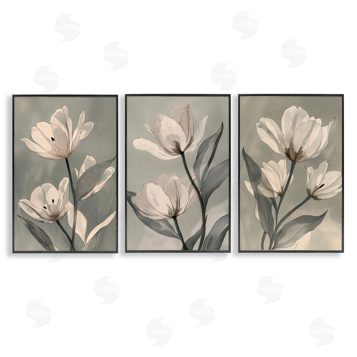Annabelle Hall Flower Trios Portraits Black Framed Giclee Art Set