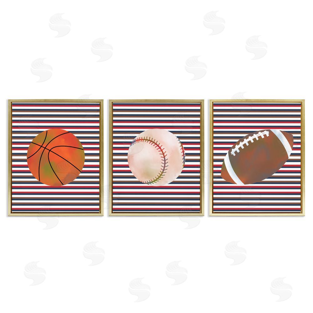 Marcus Prime Stripes And Sports Balls Gold Floating Frame Canvas Art Set
