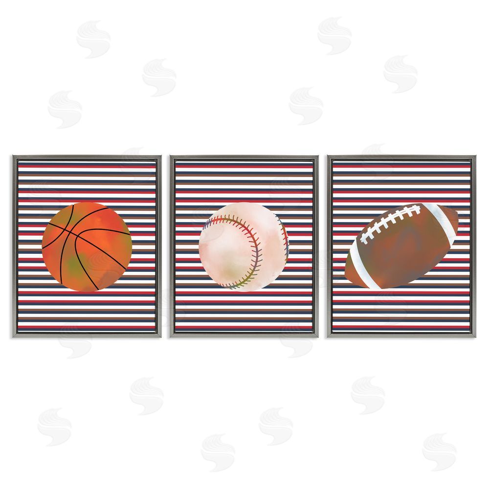 Marcus Prime Stripes And Sports Balls Gray Floating Frame Canvas Art Set