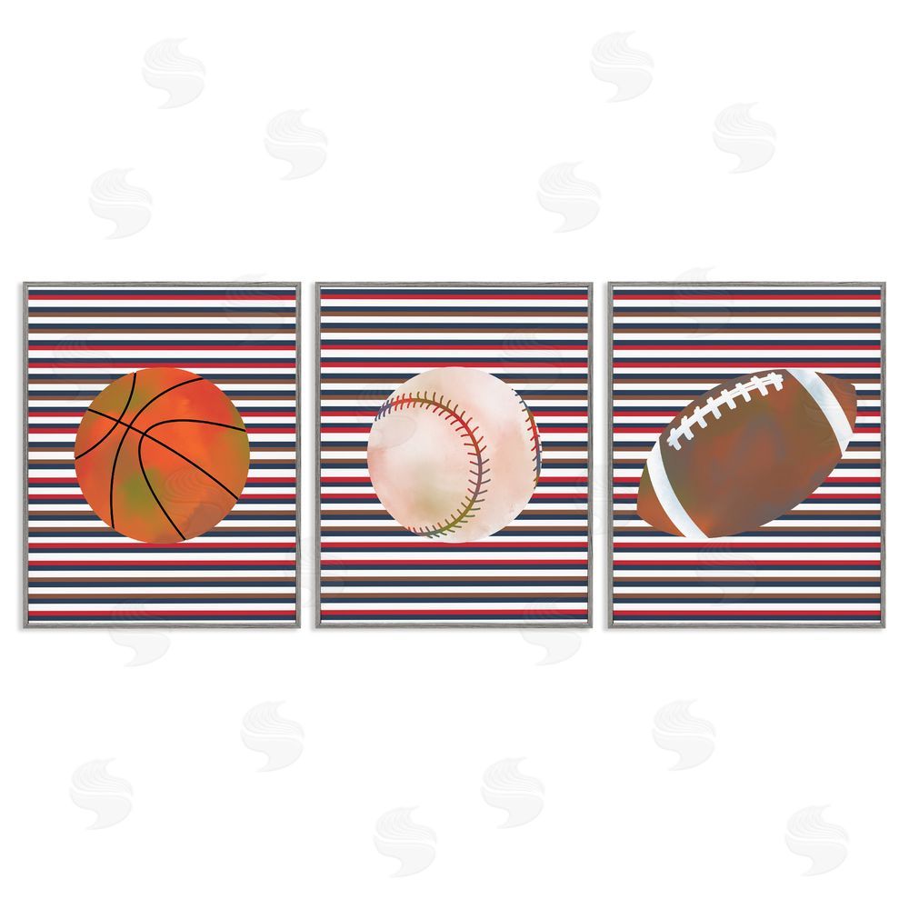 Marcus Prime Stripes And Sports Balls Gray Framed Giclee Art Set