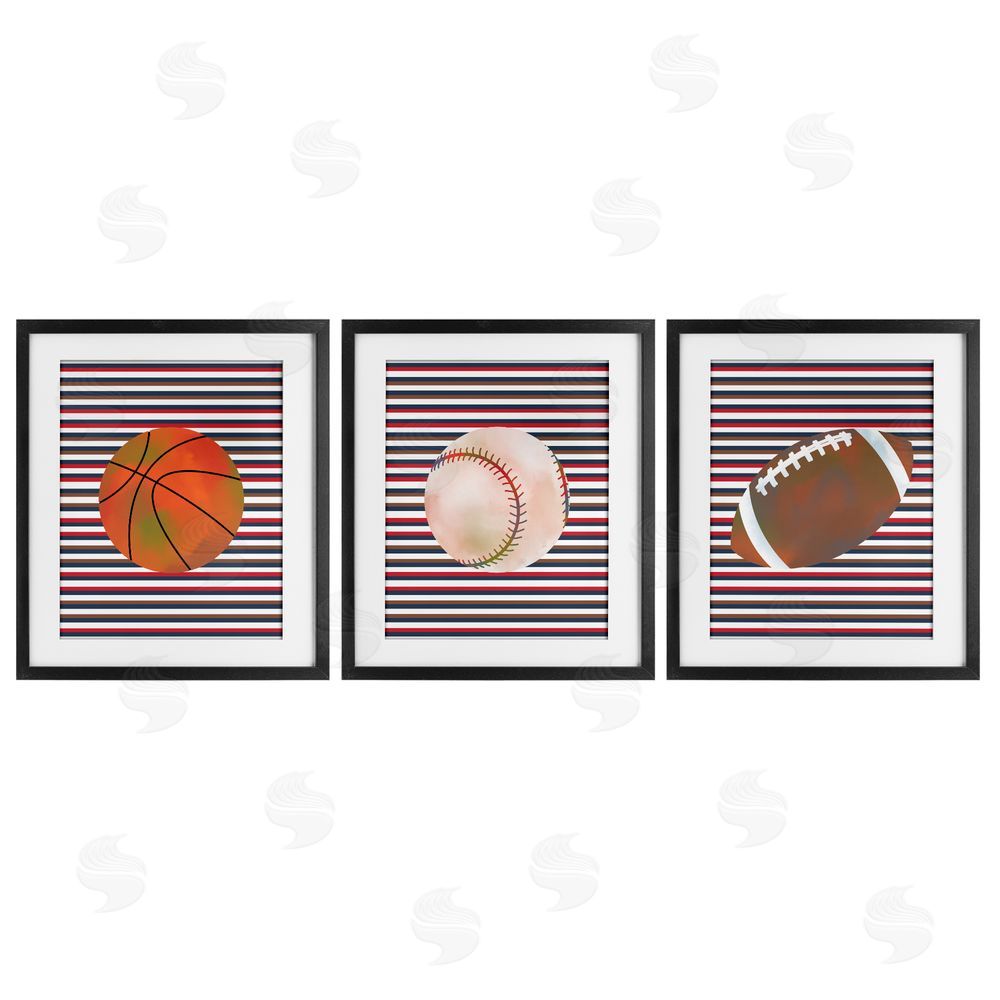 Marcus Prime Stripes And Sports Balls Black Framed Print Under Glass Set
