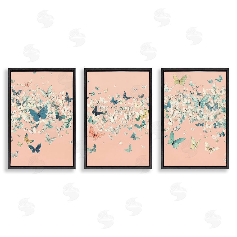 Petal Prints Design Blush Butterfly Soiree Triptych Black Floating Frame Canvas Wall Art Print