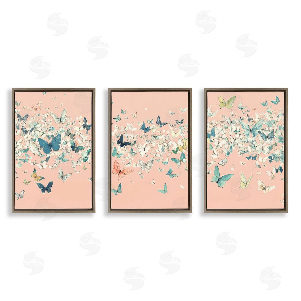 Petal Prints Design Blush Butterfly Soiree Triptych Brown Floating Frame Canvas Wall Art Print