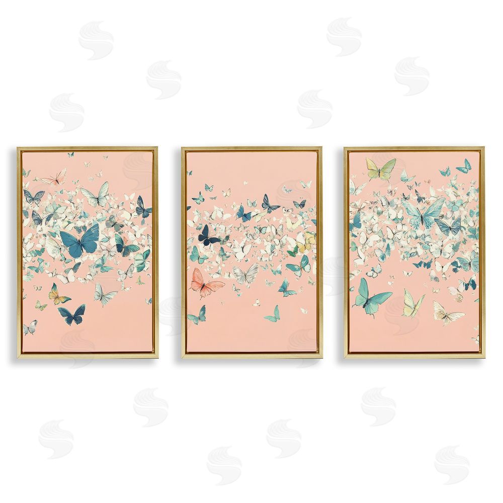 Petal Prints Design Blush Butterfly Soiree Triptych Gold Floating Frame Canvas Wall Art Print
