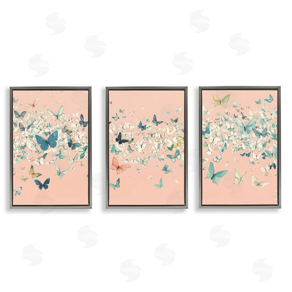 Petal Prints Design Blush Butterfly Soiree Triptych Gray Floating Frame Canvas Wall Art Print