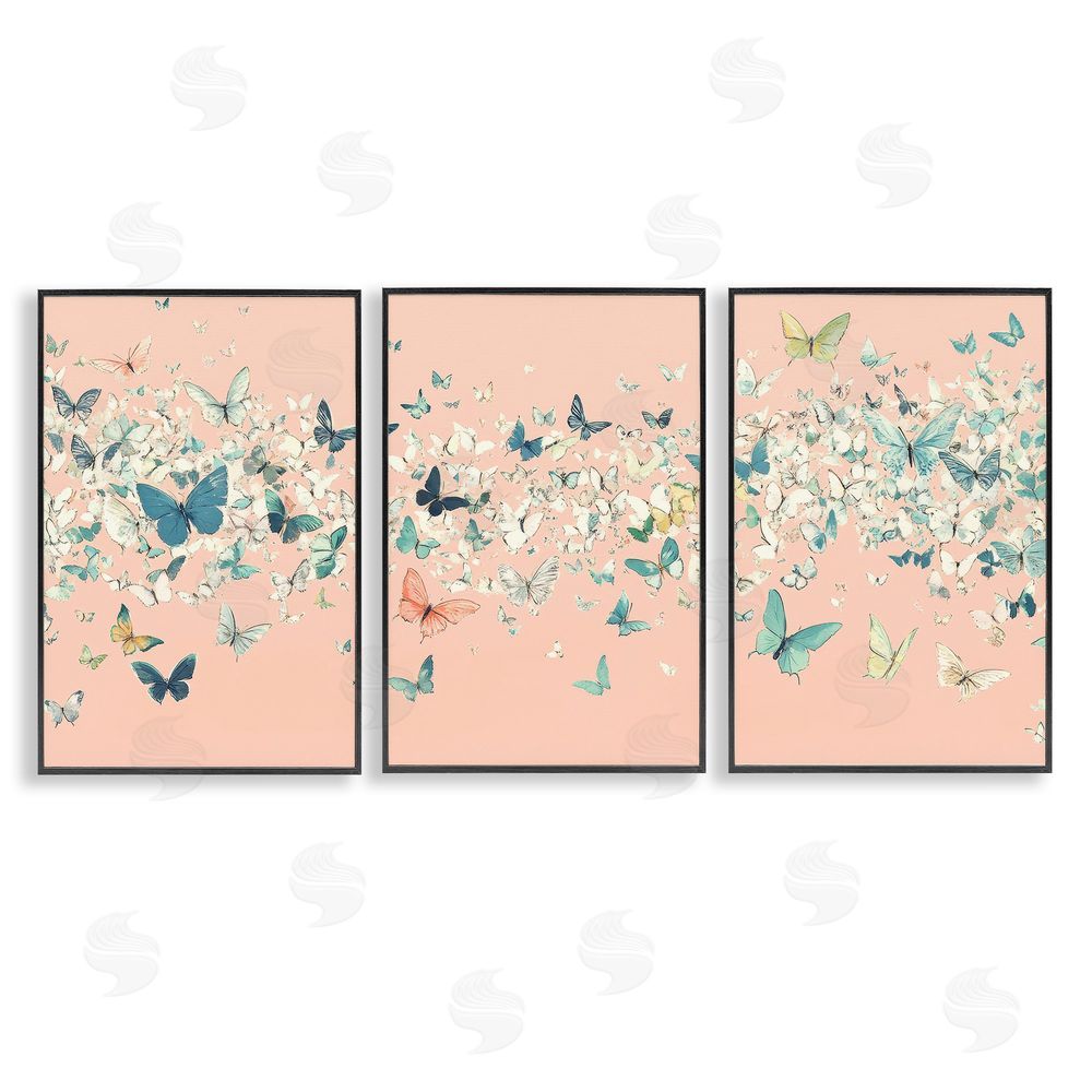 Petal Prints Design Blush Butterfly Soiree Triptych Black Framed Giclee Wall Art Print