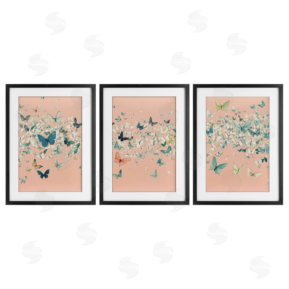 Petal Prints Design Blush Butterfly Soiree Triptych Black Framed Print Under Glass with White Mat Wall Art