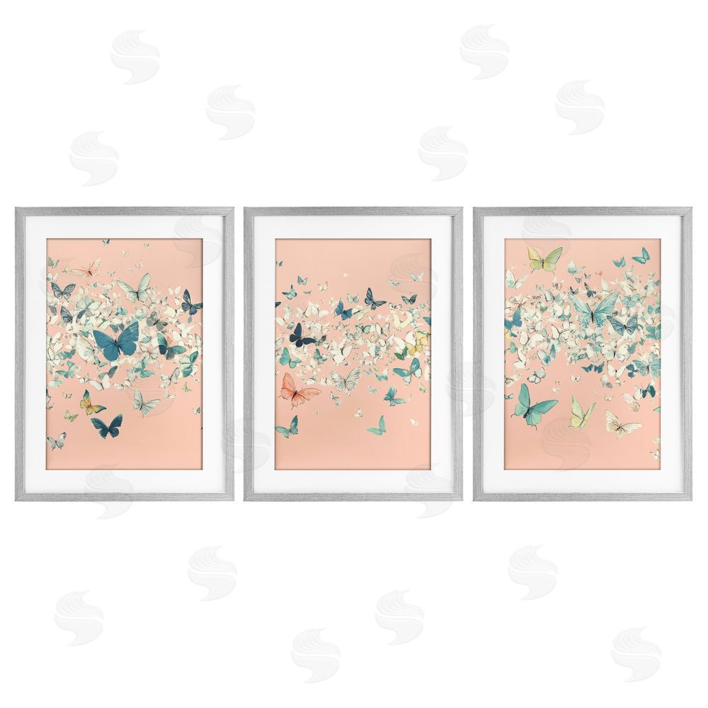 Petal Prints Design Blush Butterfly Soiree Triptych Gray Framed Print Under Glass with White Mat Wall Art