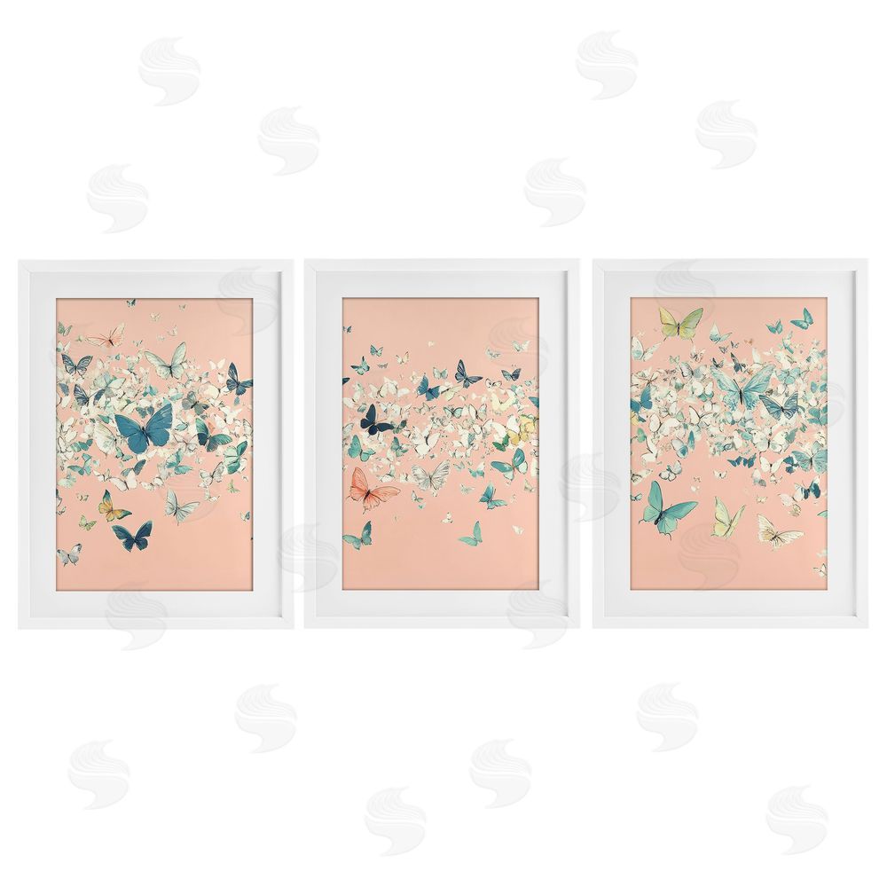 Petal Prints Design Blush Butterfly Soiree Triptych White Framed Print Under Glass with Mat Wall Art