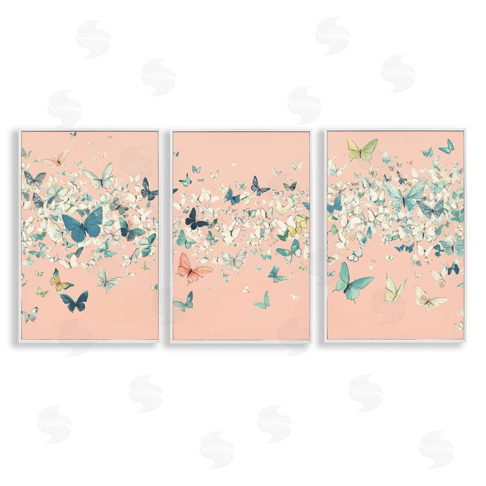 Petal Prints Design Blush Butterfly Soiree Triptych White Framed Giclee Wall Art Print
