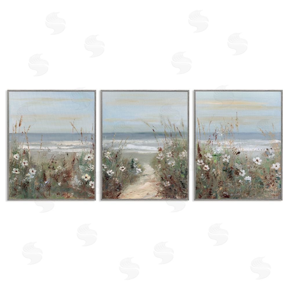Sally Swatland Wildflower Coastline Landscape Gray Framed Giclee Art Set