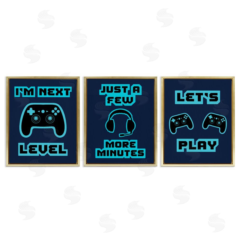 Marcus Prime Retro Blue Gaming Words Gold Floating Frame Canvas Wall Art Print