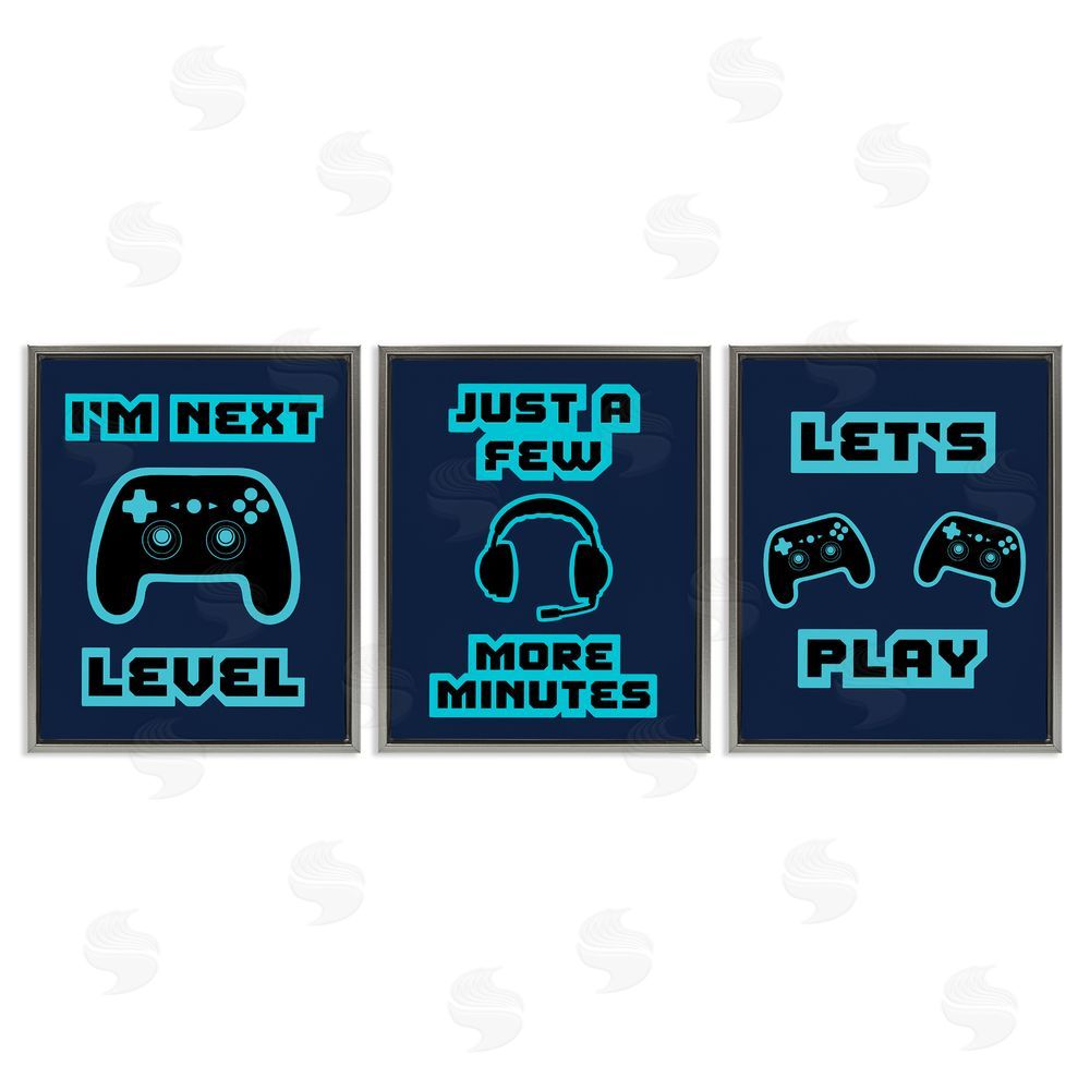 Marcus Prime Retro Blue Gaming Words Gray Floating Frame Canvas Wall Art Print