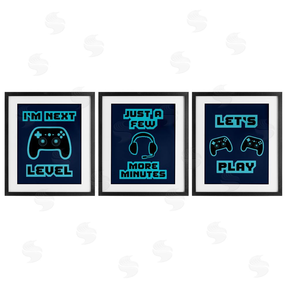 Marcus Prime Retro Blue Gaming Words Black Framed Print Under Glass with White Mat Wall Art