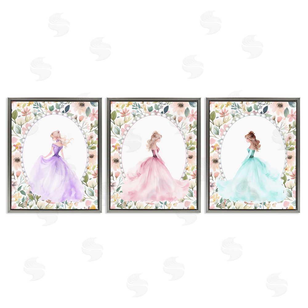 Christine Simpson Art Princess Love Pearls & Florals Gray Floating Frame Canvas Wall Art Print