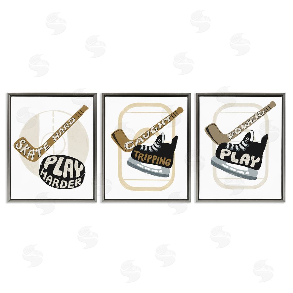 Connie Summers Fun Hockey Sports Phrases Gray Floating Frame Canvas Wall Art Print