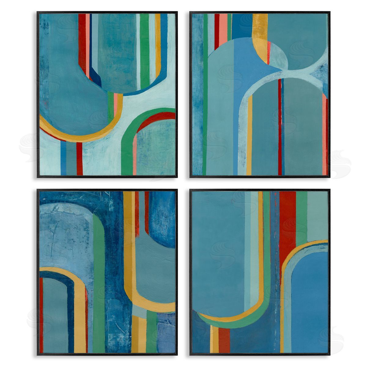 Blue Wavy Arch Shapes Black Frame Print Wall Art, Home Decor by Pippin Schupbach