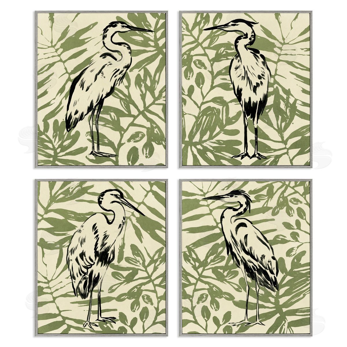 Tropical Herons with Leaves Grey Frame Print Wall Art, Home Decor by June Erica Vess